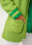 Aniston Light Green Cardigan – Relaxed Fit with Striped Sleeves & Pockets