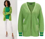 Aniston Light Green Cardigan – Relaxed Fit with Striped Sleeves & Pockets