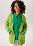 Aniston Light Green Cardigan – Relaxed Fit with Striped Sleeves & Pockets